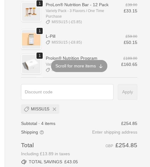Screenshot of the Prolon UK discount code working