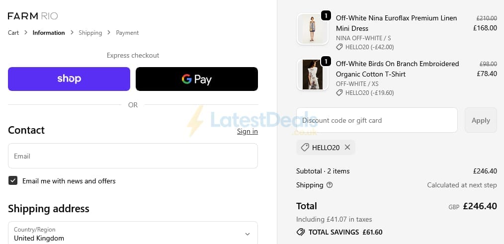 Screenshot of the Farm Rio discount code working