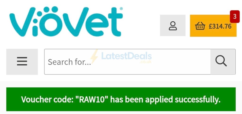 Screenshot of the Viovet discount code working