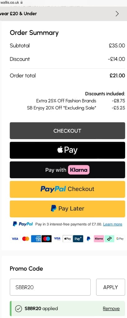 Screenshot of the Wallis discount code working