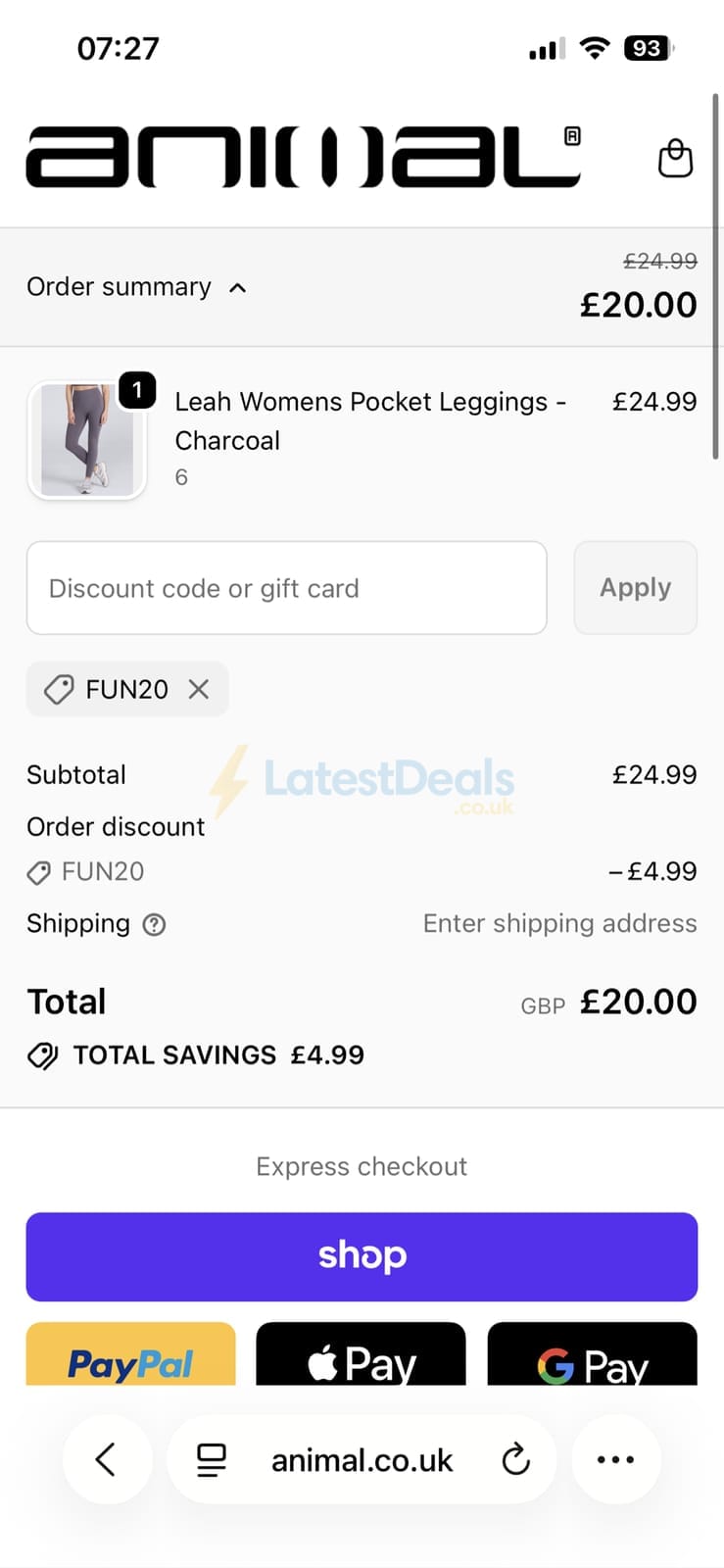 Screenshot of the Animal discount code working
