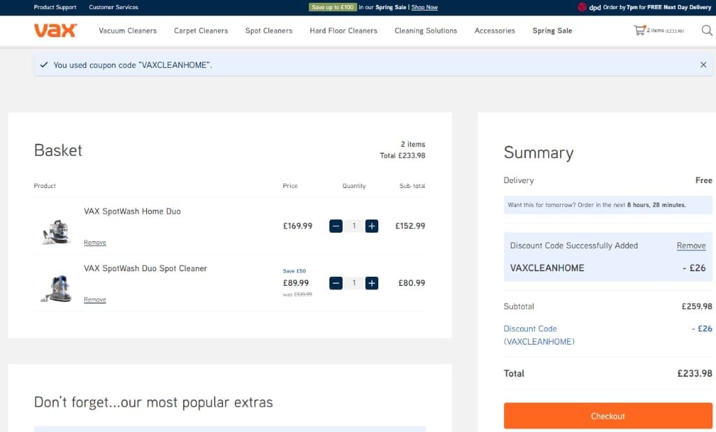 Screenshot of the Vax discount code working