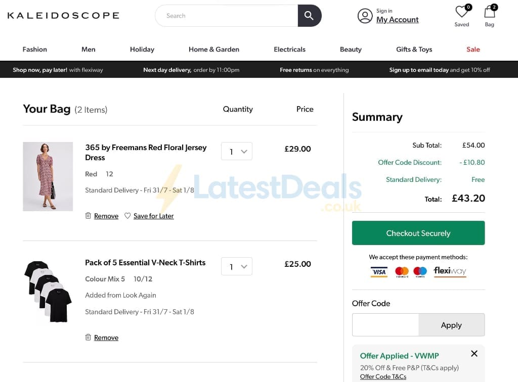 Screenshot of the Kaleidoscope discount code working