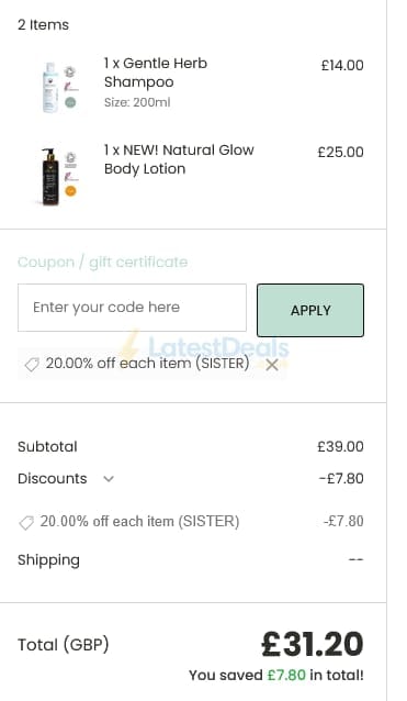 Screenshot of the Odylique discount code working