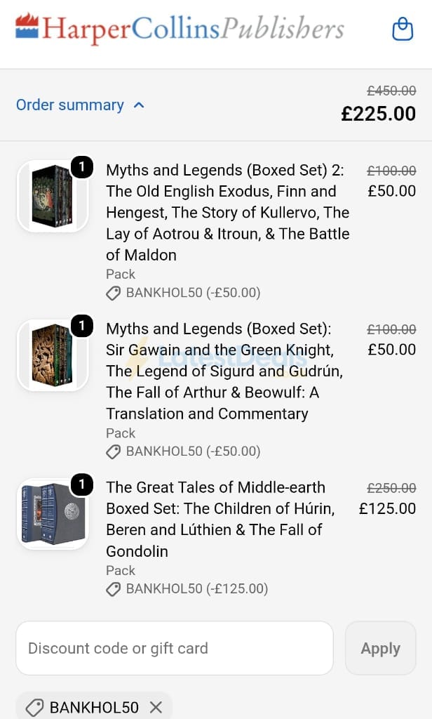 Screenshot of the Harper Collins discount code working