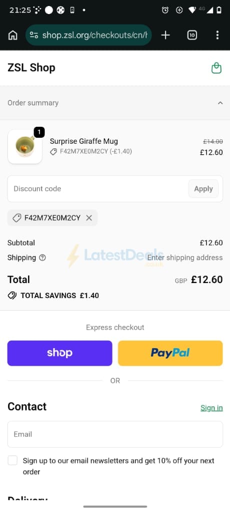 Screenshot of the London Zoo discount code working