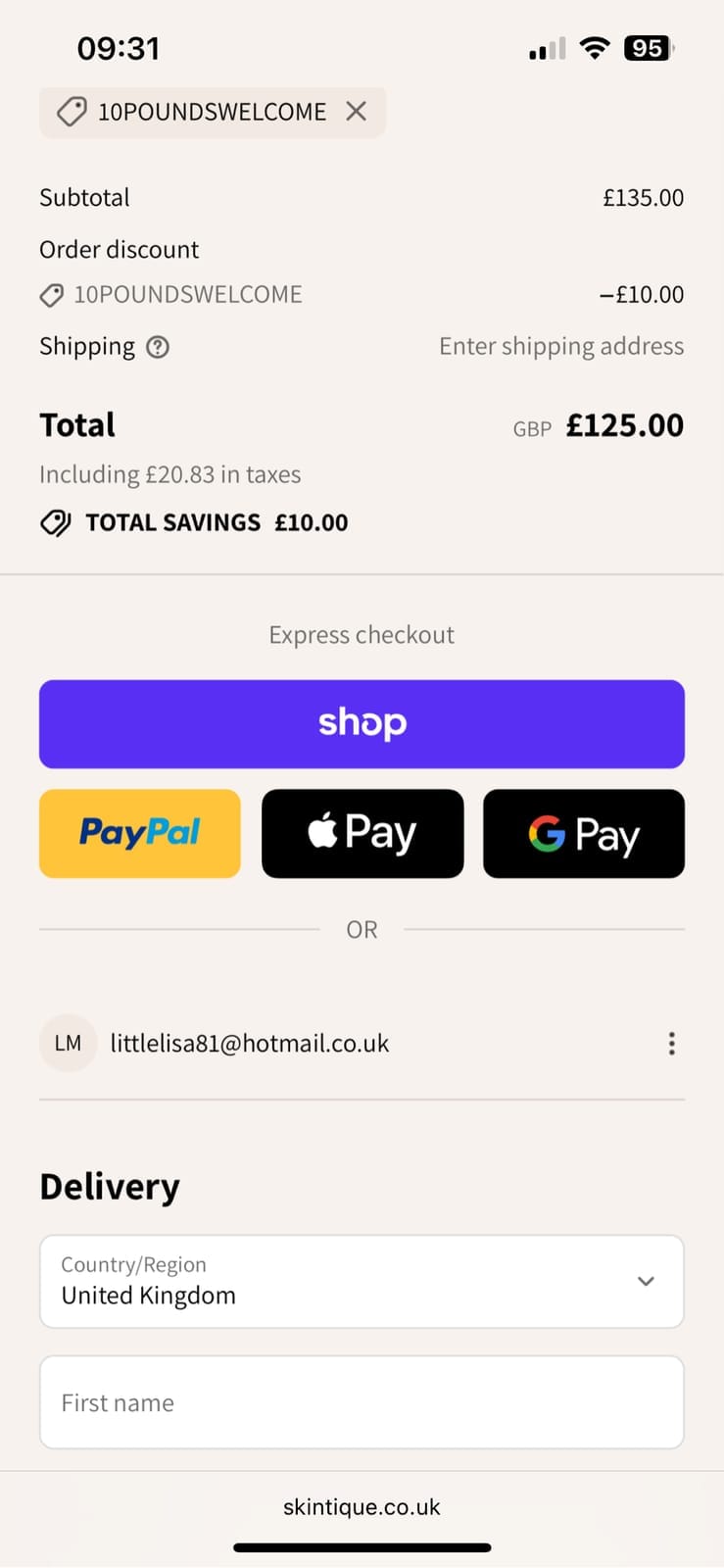 Screenshot of the Skintique discount code working