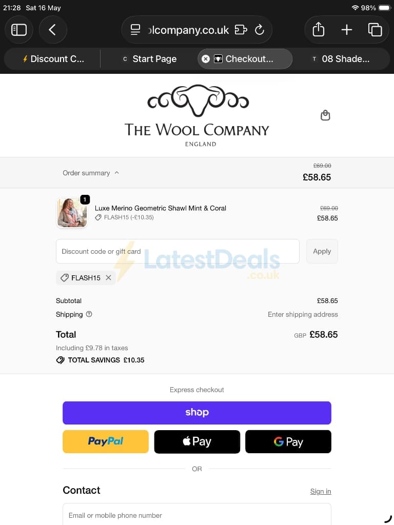 Screenshot of the The Wool Company discount code working