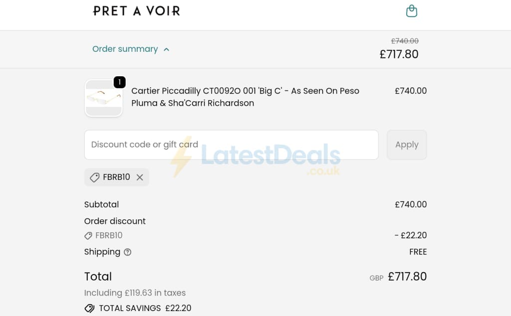 Screenshot of the Pretavoir discount code working