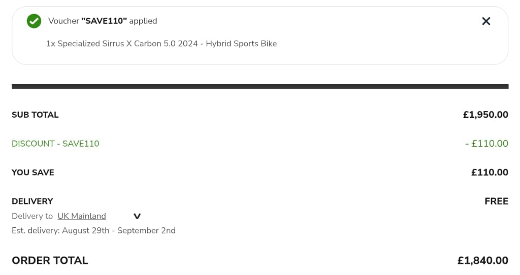 Screenshot of the Tredz Limited discount code working