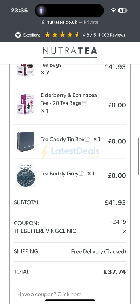 Screenshot of the Nutratea discount code working