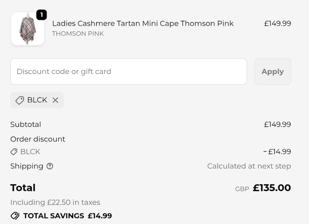Screenshot of the Tartan Weaving Mill discount code working