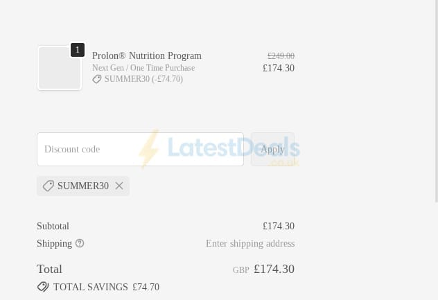Screenshot of the Prolon UK discount code working
