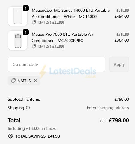Screenshot of the Meaco Dehumidifiers discount code working