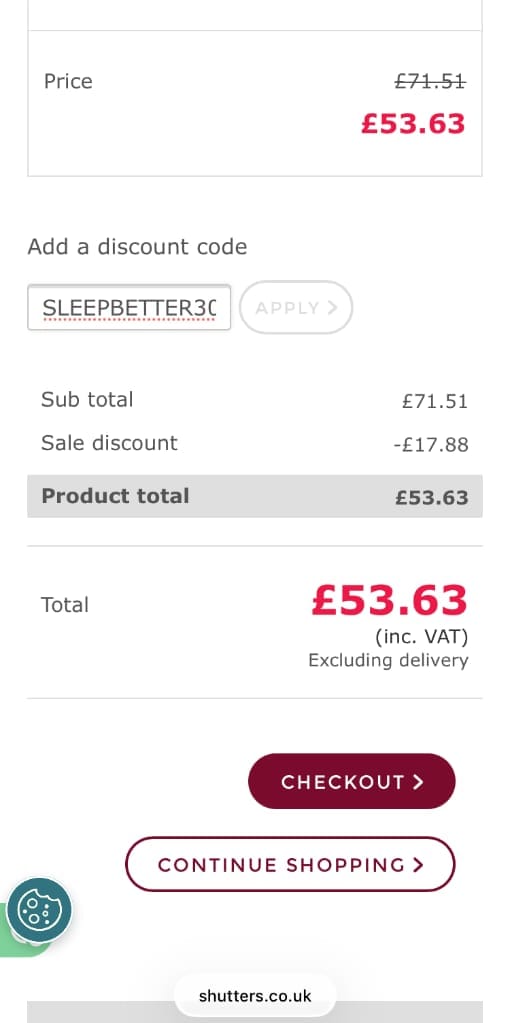 Screenshot of the Shutter Store UK discount code working