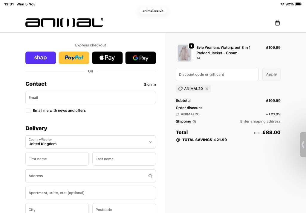 Screenshot of the Animal discount code working