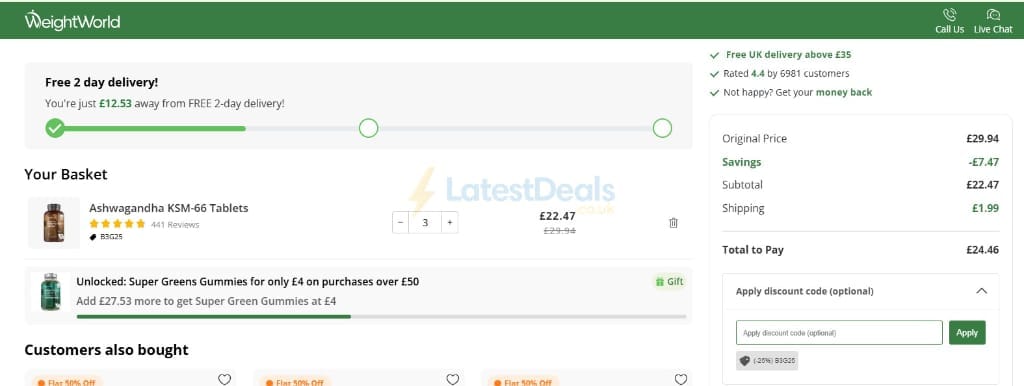 Screenshot of the WeightWorld discount code working