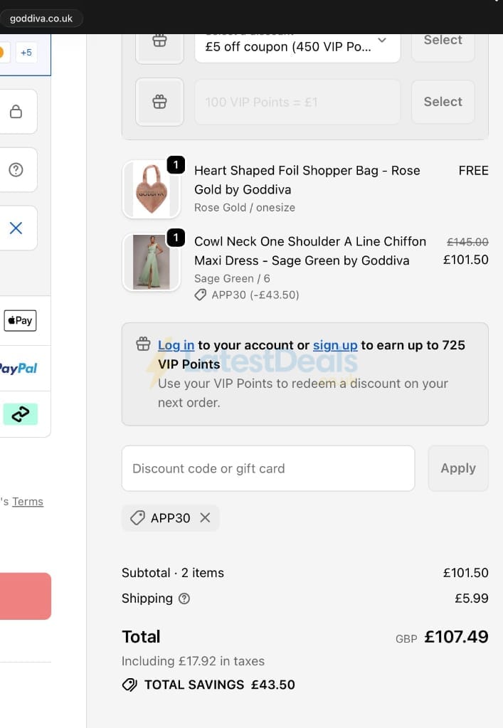 Screenshot of the Goddiva discount code working
