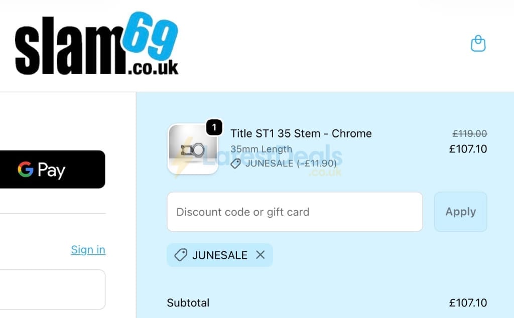 Screenshot of the Slam69 discount code working