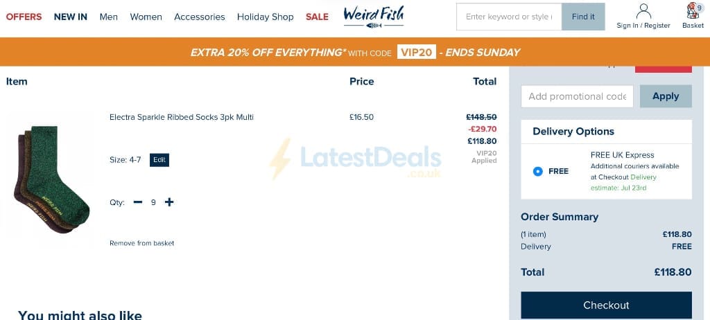 Screenshot of the Weird Fish discount code working