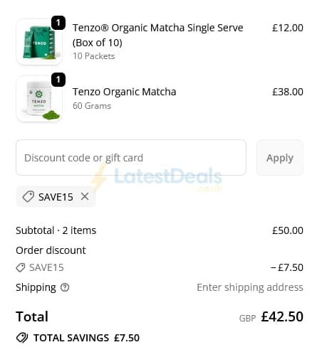 Screenshot of the Tenzo Tea discount code working