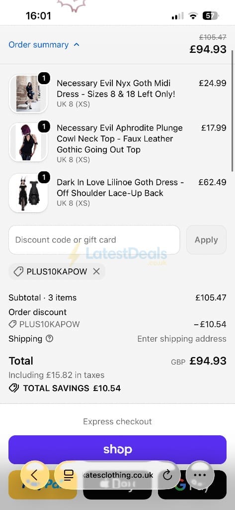 Screenshot of the Kate's Clothing discount code working