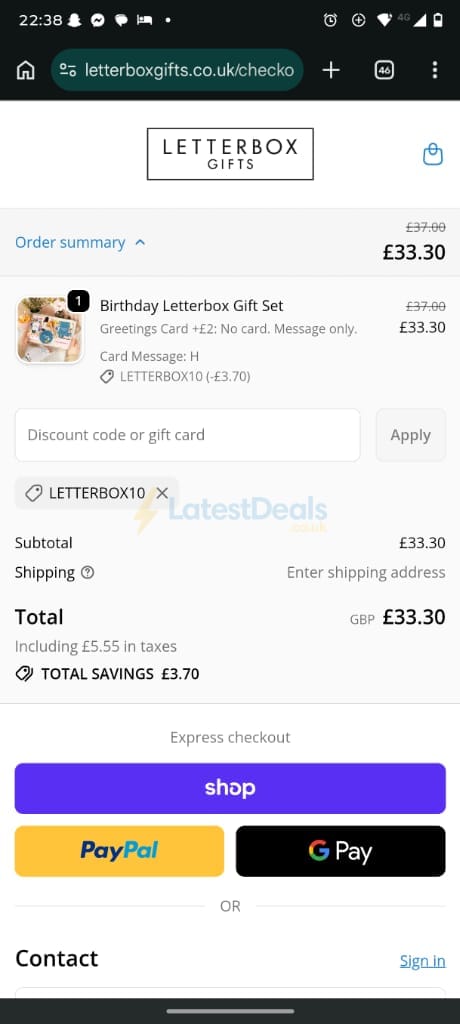 Screenshot of the Letterbox Gifts discount code working