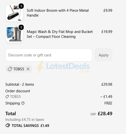 Screenshot of the The Dustpan and Brush Store discount code working