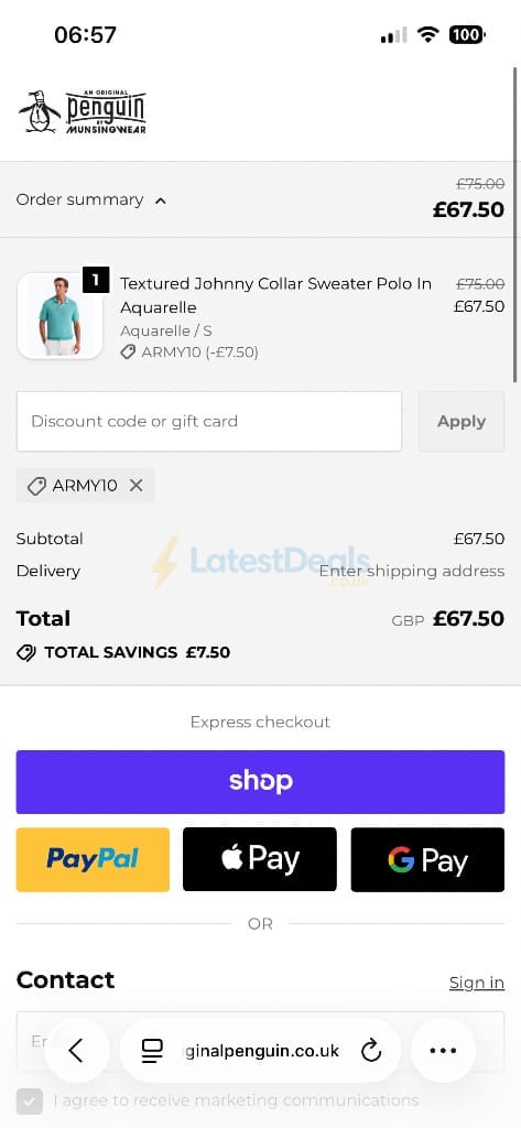 Screenshot of the Original Penguin discount code working