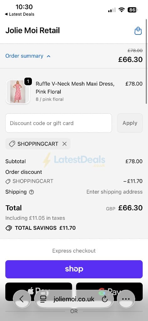 Screenshot of the Jolie Moi discount code working