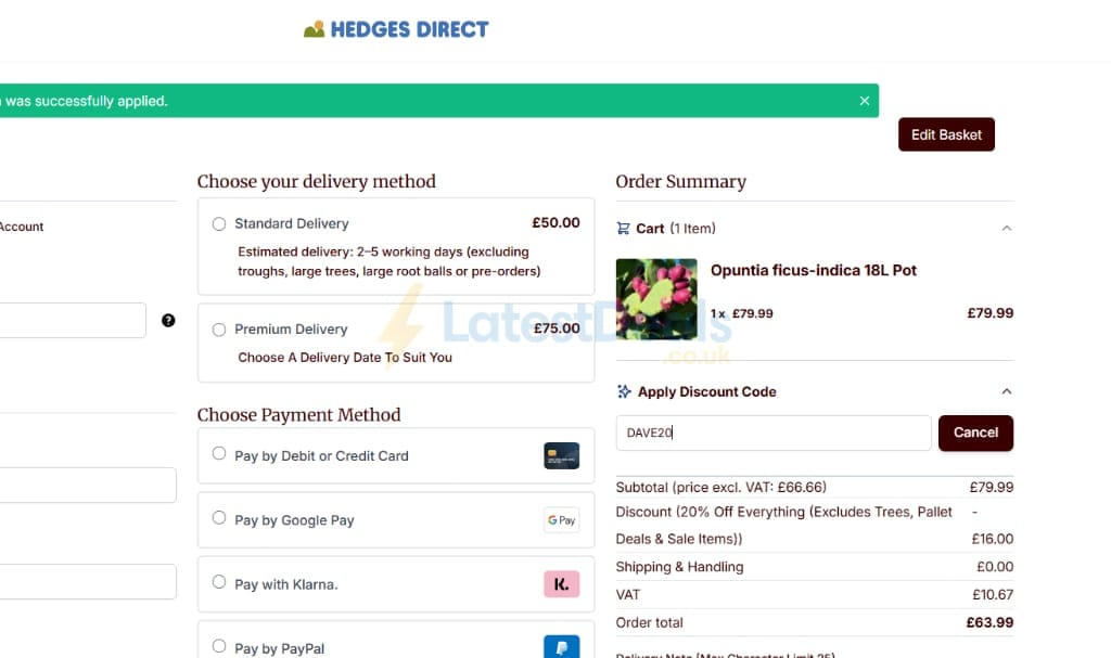 Screenshot of the Hedges Direct discount code working