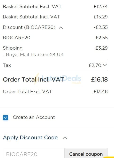 Screenshot of the BioCare discount code working