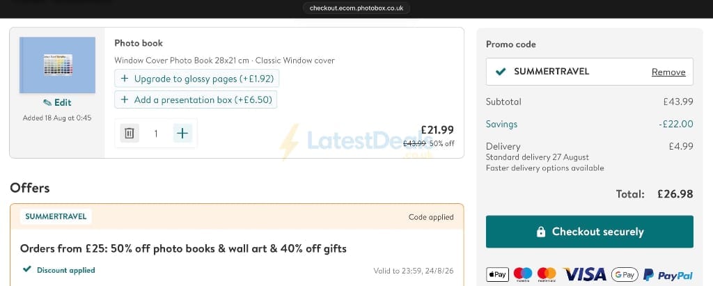 Screenshot of the Photobox discount code working