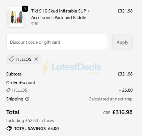 Screenshot of the Tiki Surf discount code working