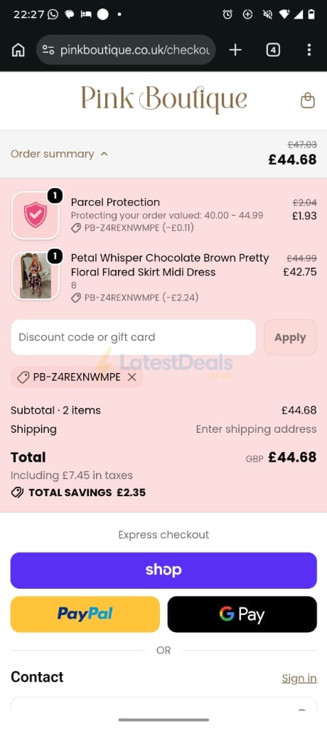 Screenshot of the Pink Boutique discount code working