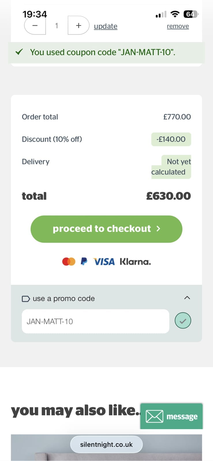 Screenshot of the Silentnight discount code working