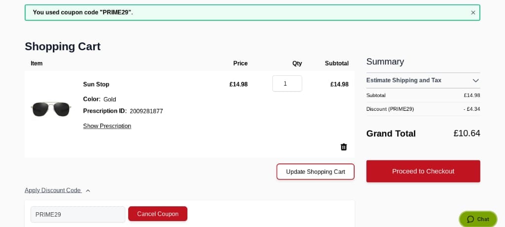 Screenshot of the Goggles4u discount code working