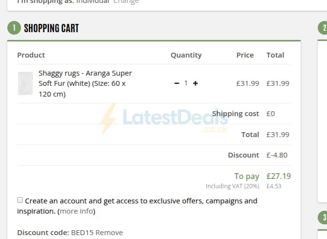 Screenshot of the Trendcarpet discount code working
