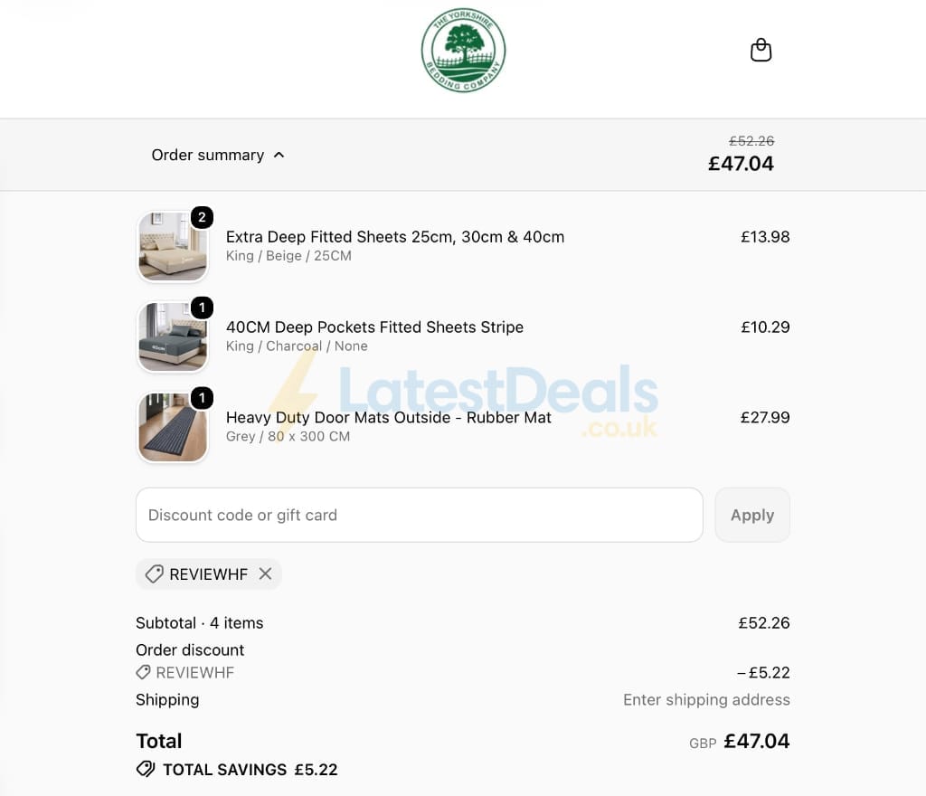 Screenshot of the Yorkshire Bedding discount code working