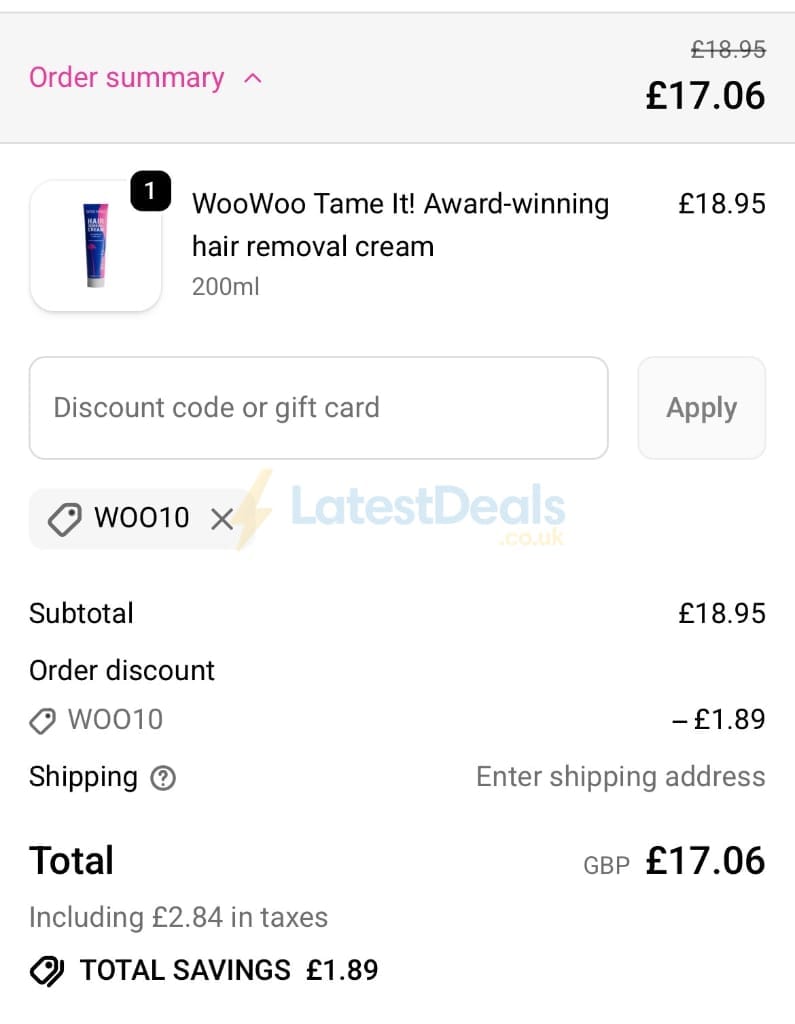 Screenshot of the WooWoo discount code working