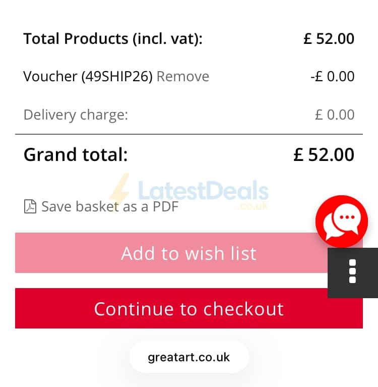 Screenshot of the GreatArt discount code working