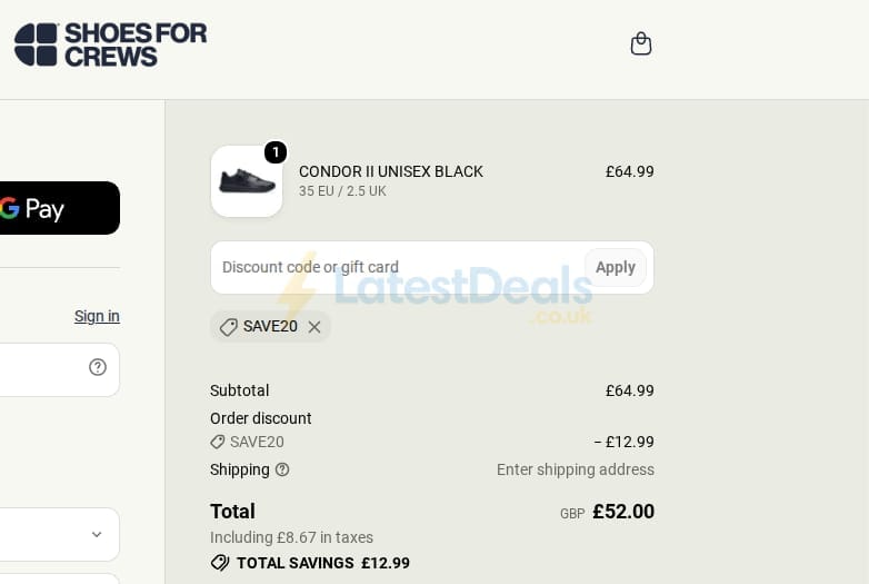 Screenshot of the Shoes For Crews discount code working