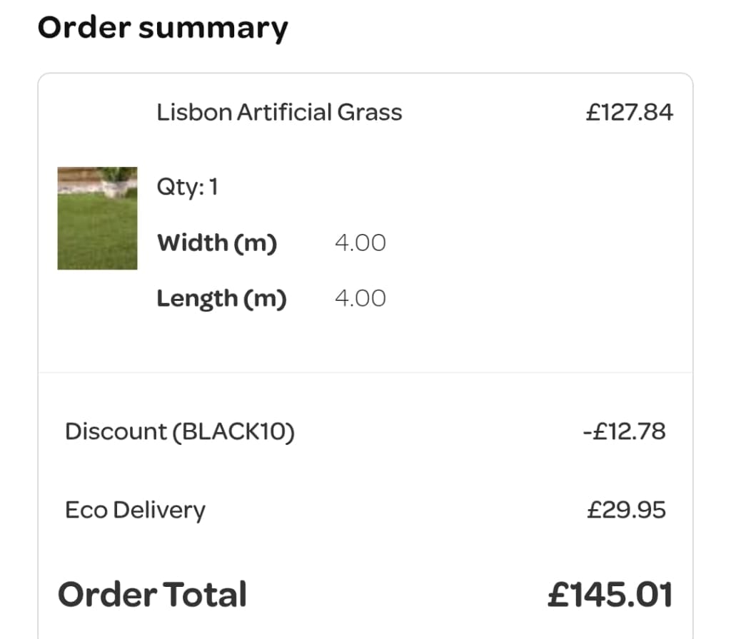 Screenshot of the Grass Direct discount code working
