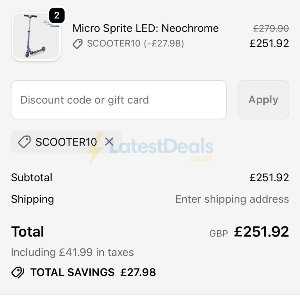 Screenshot of the Micro Scooters discount code working