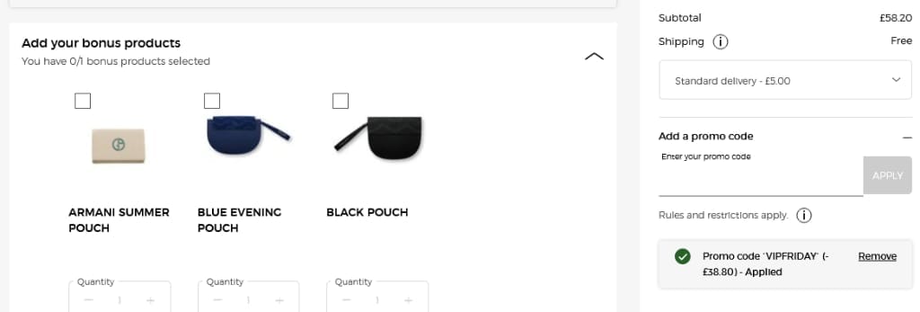 Screenshot of the Armani Beauty discount code working