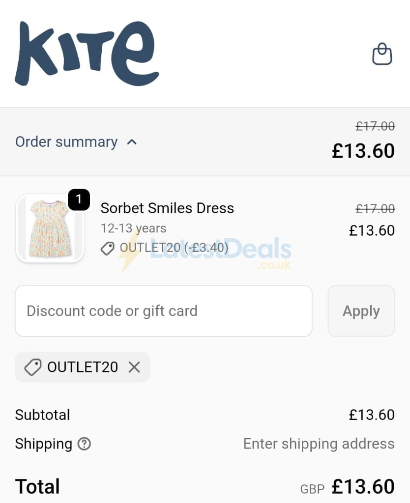 Screenshot of the Kite Clothing discount code working
