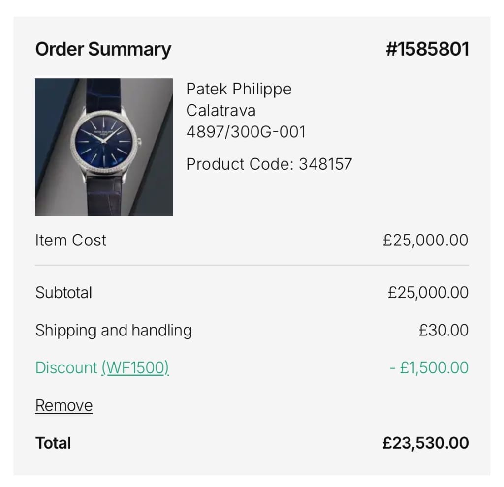 Screenshot of the Watchfinder & Co. discount code working