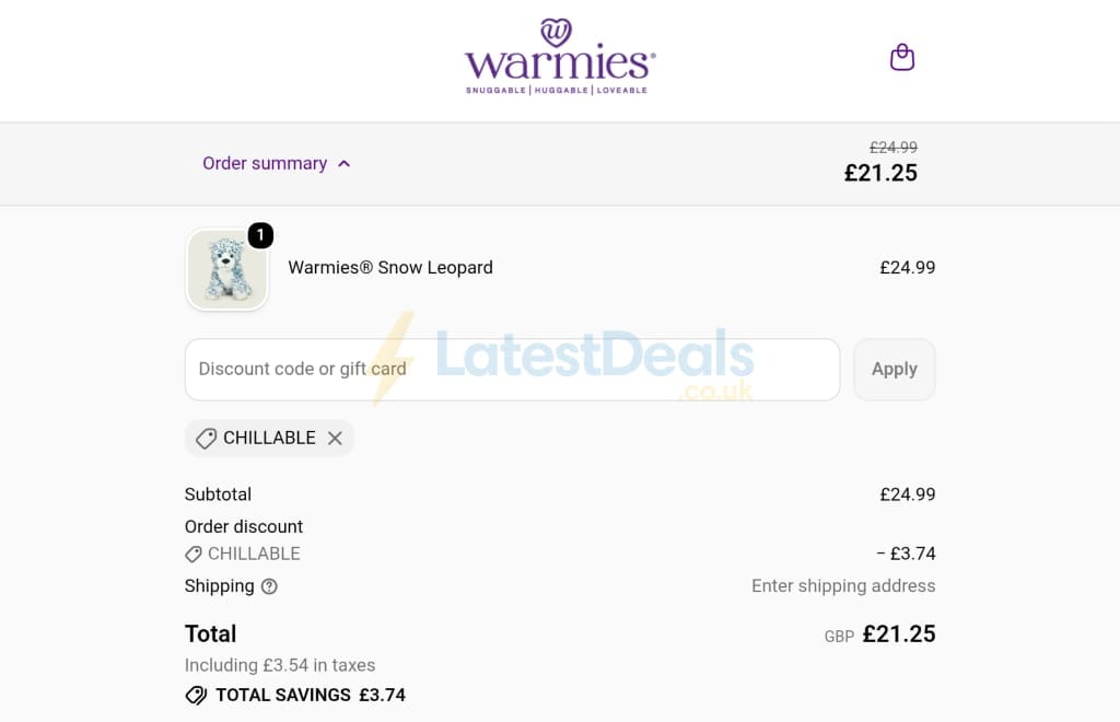 Screenshot of the Warmies discount code working