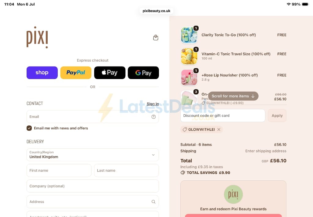 Screenshot of the Pixi Beauty discount code working