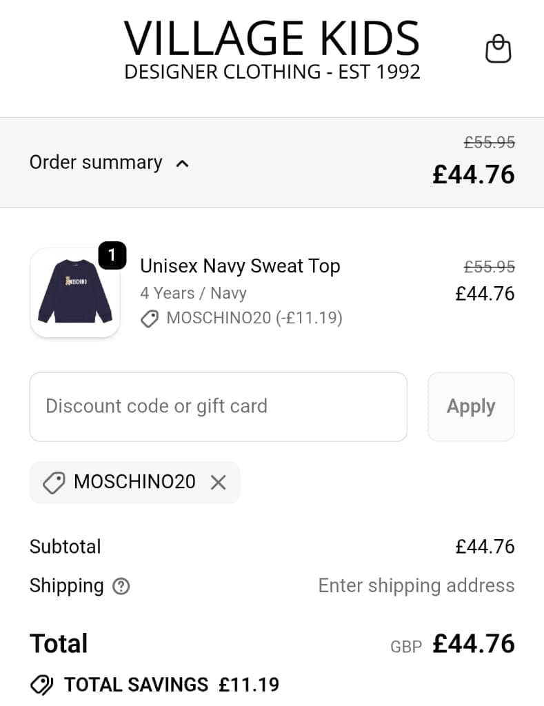 Screenshot of the Village Kids discount code working